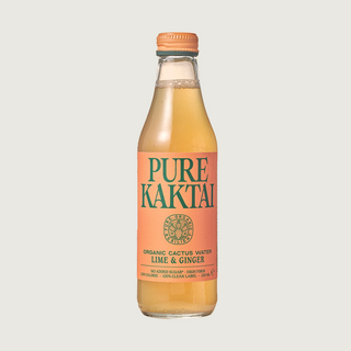 A glass bottle of Pure Kaktai Lime & Ginger Sparkling Cactus Water